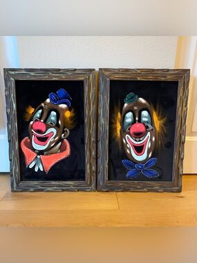 2 VTG 1970s Happy Hobo Clown Paintings Black Velvet Chunky Wood Frames 15x22”